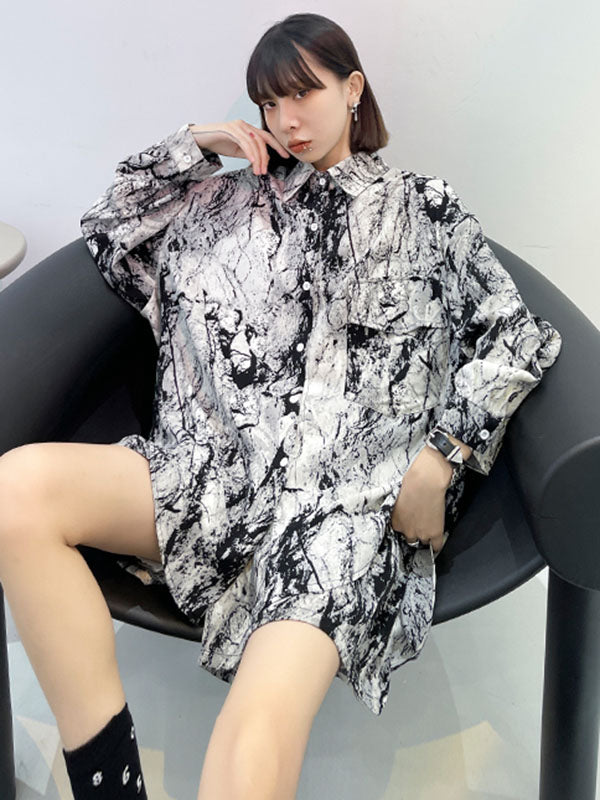 Fashion Ink-Printing Lapel Long Sleeves Blouse+ Elastics Wide Leg Shorts Suit