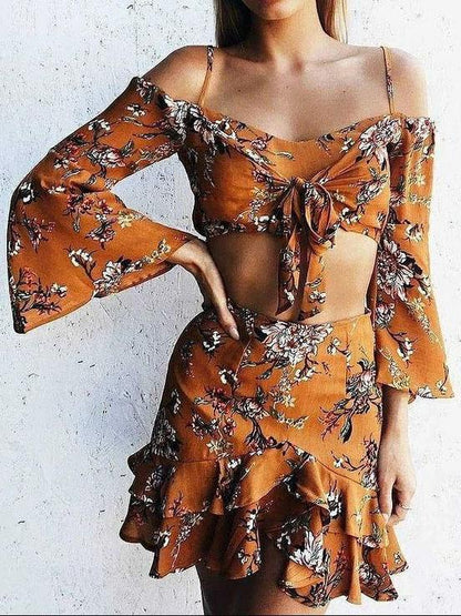 Floral Off Shoulder Flared Sleeves Tops And Skirt Bottoms