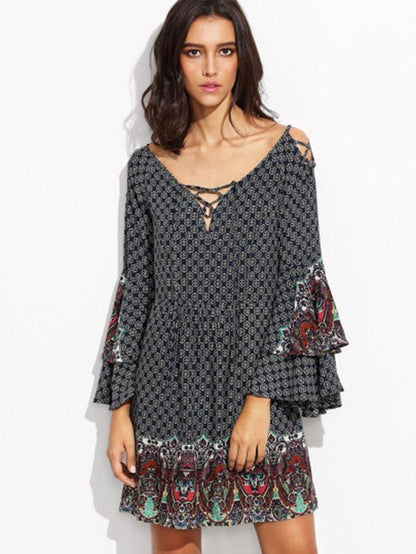Classical Bohemia Long Sleeve V Neck Lose Mini Dress