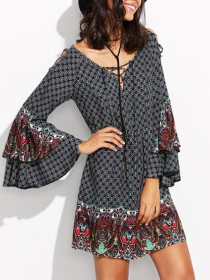 Classical Bohemia Long Sleeve V Neck Lose Mini Dress