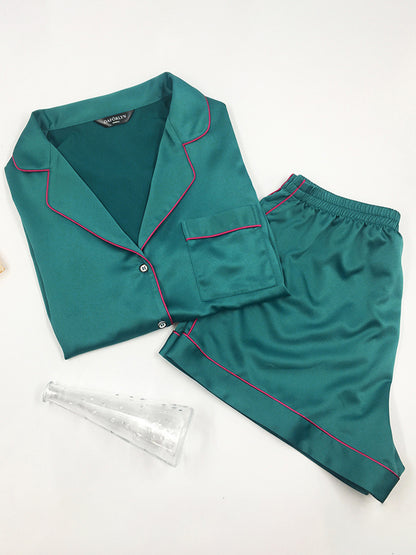 Casual Solid Color Notched Collar Short Sleeves Shirts+ Elastics Shorts Pajama