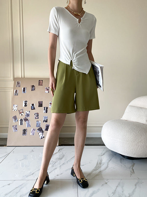 Original Casual Solid Color Pleated Skinny T-Shirt Top