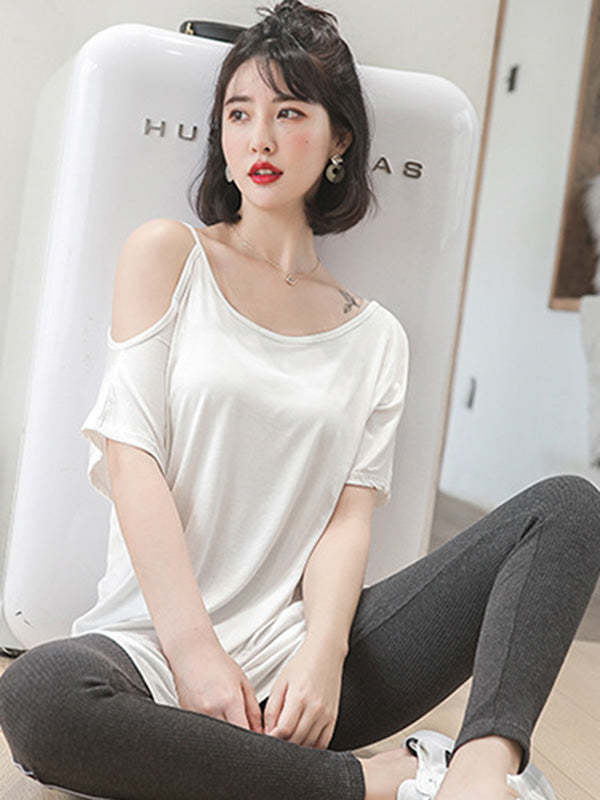 Casual Solid Color Asymmetric Cold Shoulder Spaghetti-Neck T-Shirt