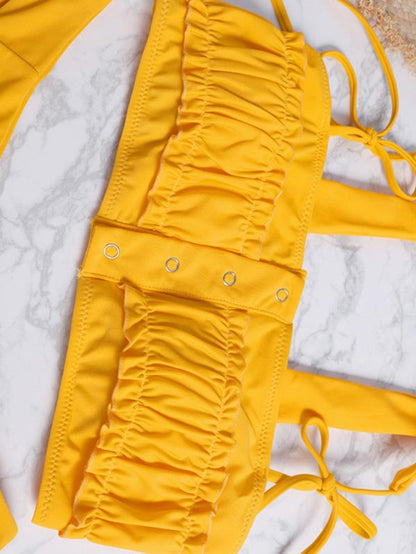 Ruched Plain Yellow Bikini Swimsuit