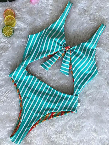 Reversible Striped Bandage One-piece Swimwear