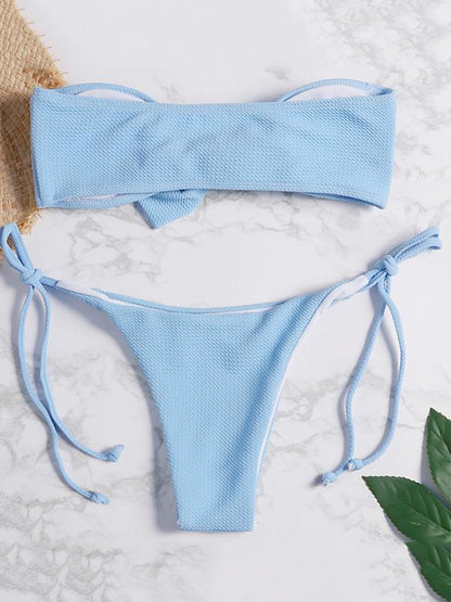 Bow Plain Textured Bikini Set