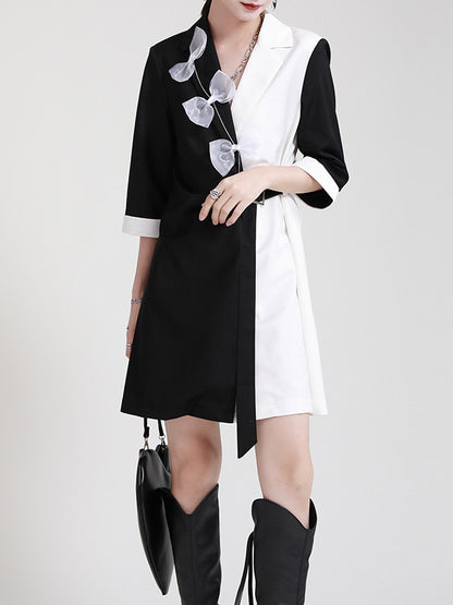 Original Stylish Split-Joint Contrast Color Bow-Embellished Tied A-Line Notched Collar Blazer Dress