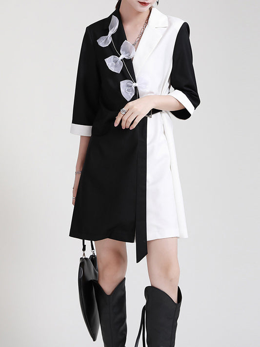 Original Stylish Split-Joint Contrast Color Bow-Embellished Tied A-Line Notched Collar Blazer Dress
