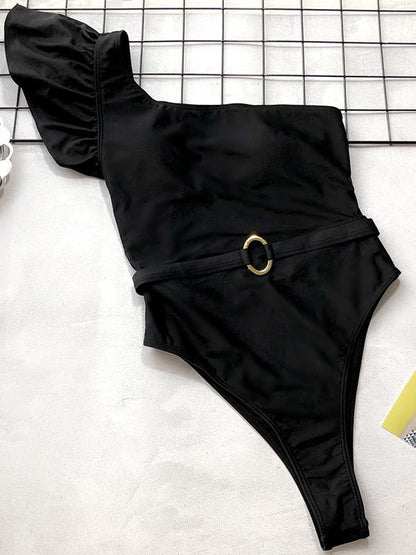 Falbala One Shoulder Plain One Piece Swimsuit