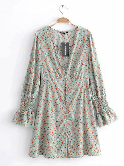 V-neck Floral Long Sleeves Button Front Mini Dress