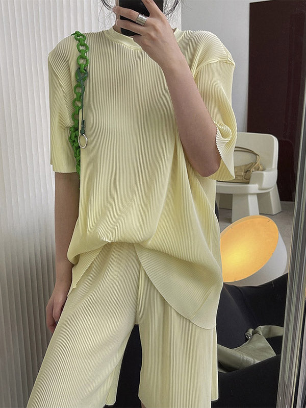 Simple Solid Color Plaited Short Sleeves T-Shirts