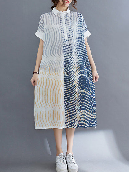 Original Printing Lapel Short Sleeve Split-Joint Shirt Dress