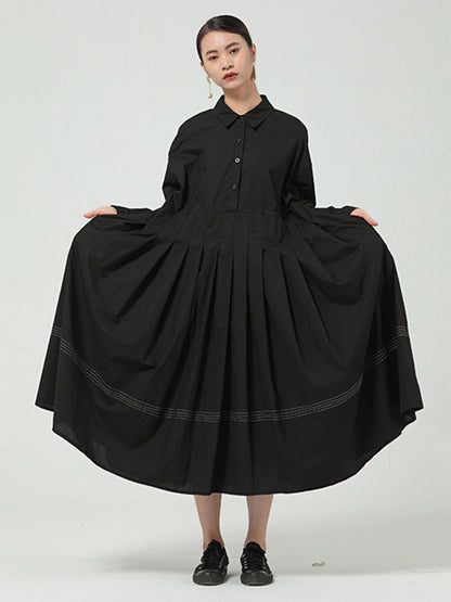 Casual Solid Color Buttoned Pleated Lapel Collar Long Sleeves Midi Dress