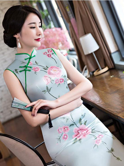 Flower Print Side Split Long Cheongsam