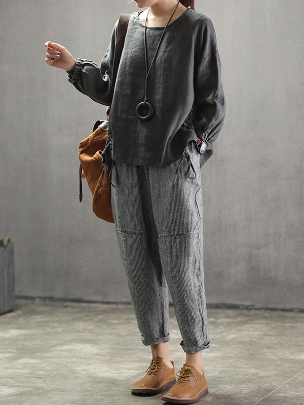 Vintage Split-joint Elasticity Ramie Cotton Harem Pants