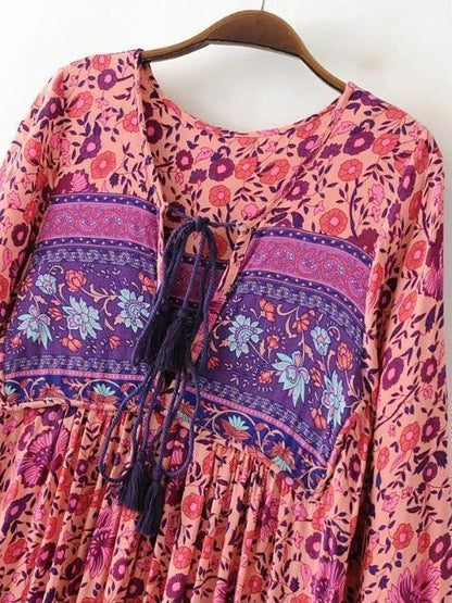 Pink Floral Long Sleeves Maxi Beach Bohemia Dress