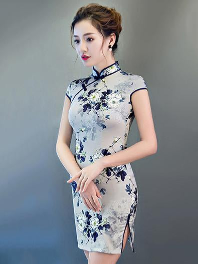 Gray Flower Print Short Cheongsam