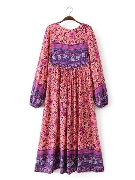 Pink Floral Long Sleeves Maxi Beach Bohemia Dress