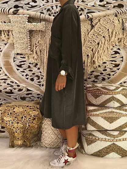 Loose V-neck Pocket Long Sleeves Midi Dress