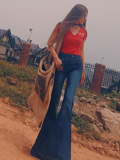 Denim Leg Shredded Bell-Bottom Pants