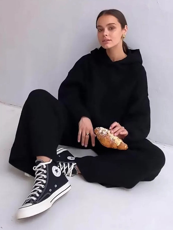 Simple Casual Solid Color Knitted Hoodies+Knitted Elasticity Wide Leg Pants 2 Pieces Set