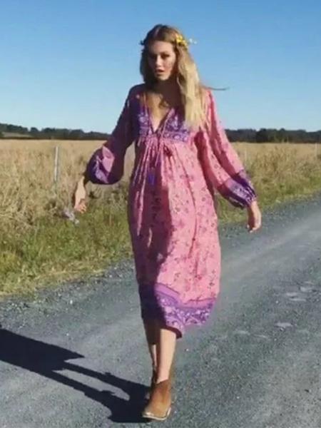 Pink Floral Long Sleeves Maxi Beach Bohemia Dress