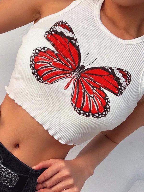 Fashion Butterfly Printed Wrap Sleeveless Vest Top