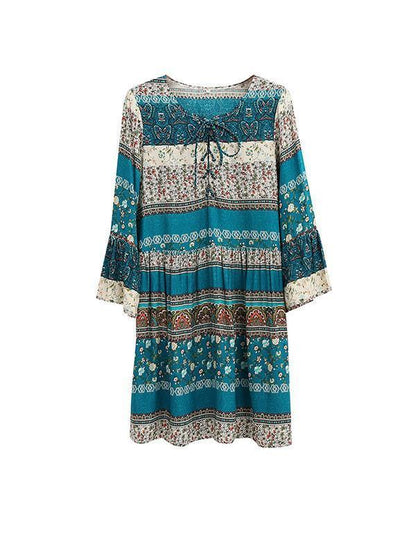 Pretty Bohemia Floral with Tie Half Sleeve Mini Vacation Dress