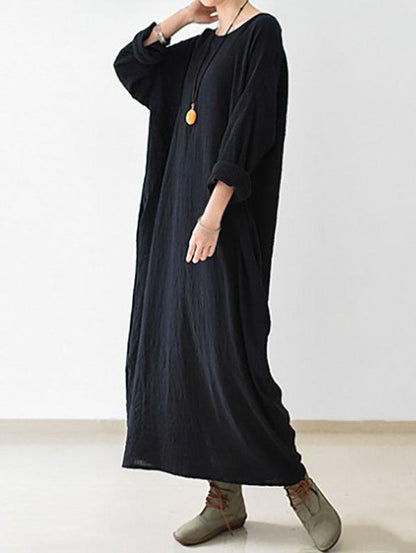 Thin Black Ramie Long Sleeve Caftans Long Dress