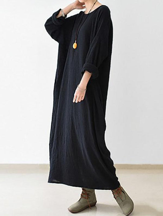 Thin Black Ramie Long Sleeve Caftans Long Dress