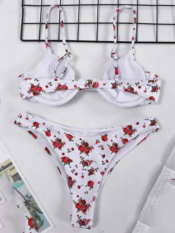 Floral-Print Triangle Split Bikini Swimsuit