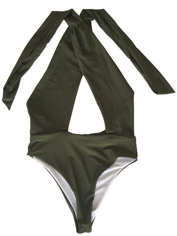 Solid Bandage Halter-Neck One-Piece Swimwear