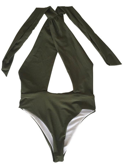 Solid Bandage Halter-Neck One-Piece Swimwear