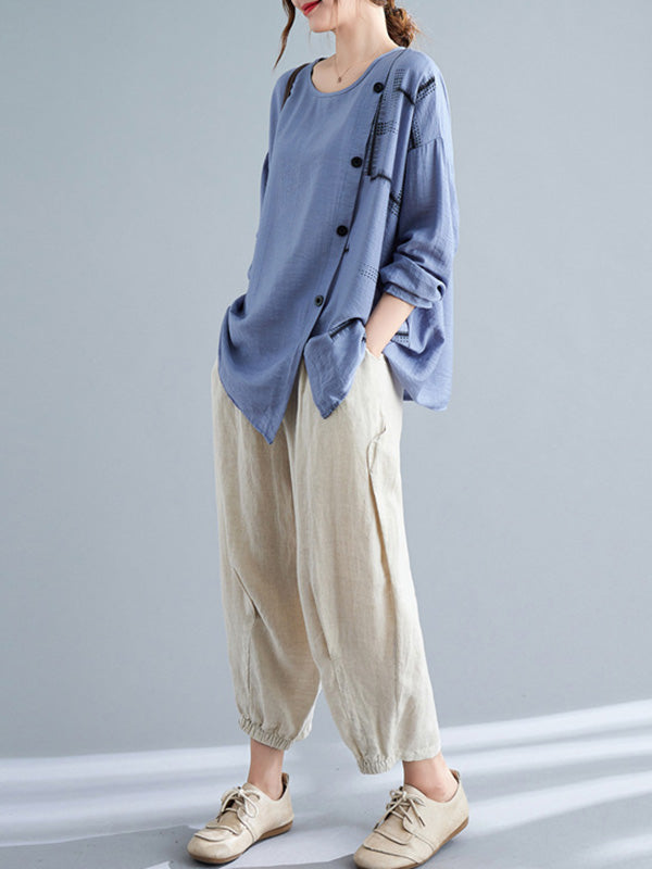 Casual Asymmetric Buttoned Round-Neck Long Sleeves T-Shirt Tops