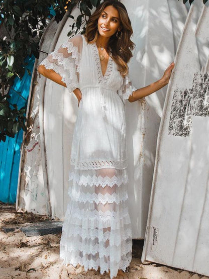 Hollow Split-joint V-neck Maxi Dress