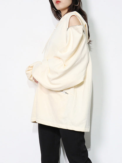 Fashion Solid Color Split-Joint Cold Shoulder Hoodies Top