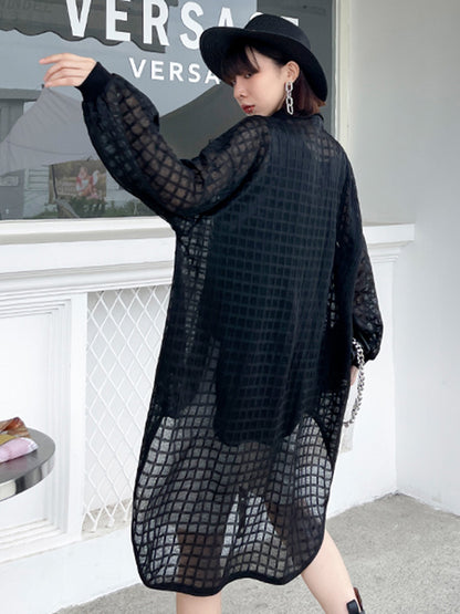 Stylish See-Through Buttoned High-Low Lapel Outerwear