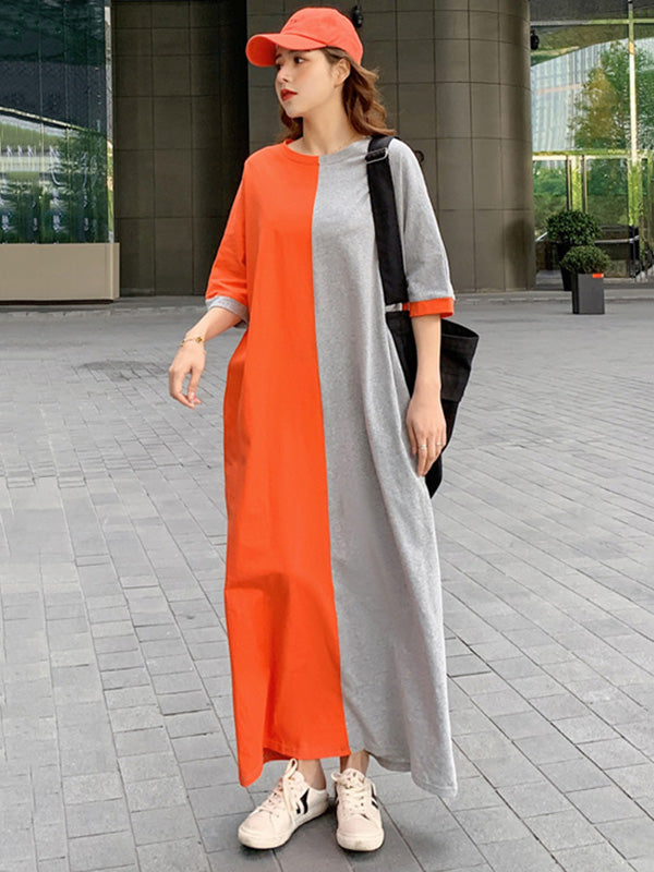 Casual Color Matching Round-Neck Long Sleeves Maxi Dress