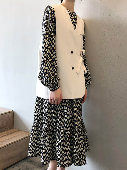 Stylish Polka-Dot Pleated Round-Neck Long Sleeves Loose Midi Dress
