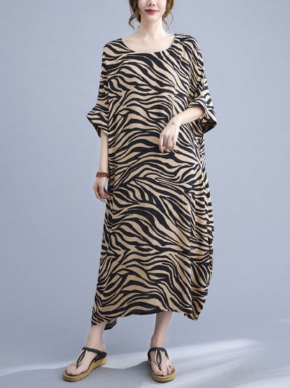Original Zebra-Stripe Round-Neck Batwing Sleeve Midi Dress