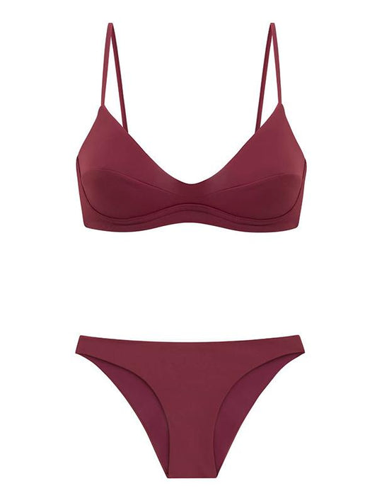 Spaghetti-Neck Minimalism Solid Color Split Type Bikini Swimsuit