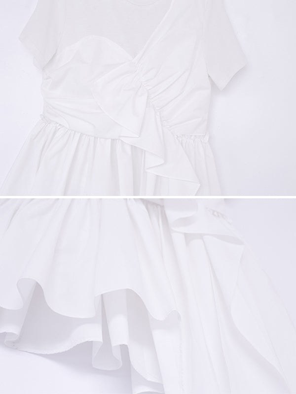 Fashion White Pleats Asymmetric Split-Joint Round-Neck T-Shirts Top