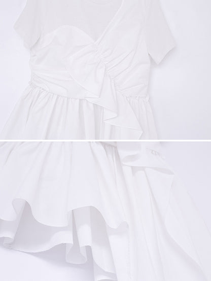 Fashion White Pleats Asymmetric Split-Joint Round-Neck T-Shirts Top
