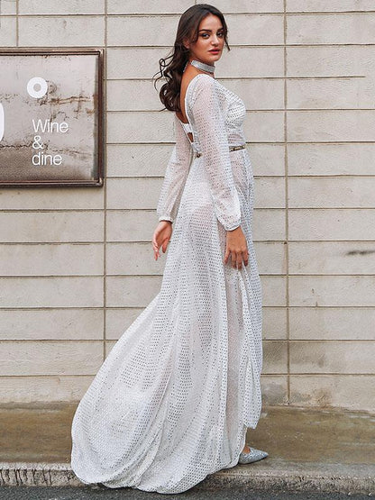V-neck Flared Backless With Belt Maxi Dress