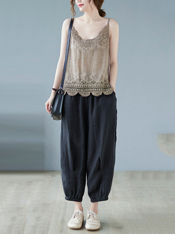 Original Solid Sleeveless Lace&Hollow V-Neck Vest