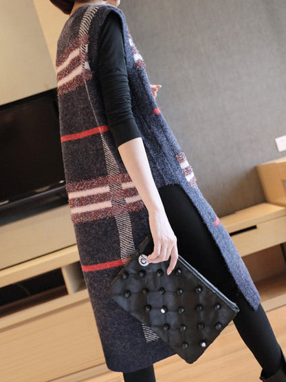 Artistic Retro Striped Split-Side Round-Neck Sleeveless Knitted Vest