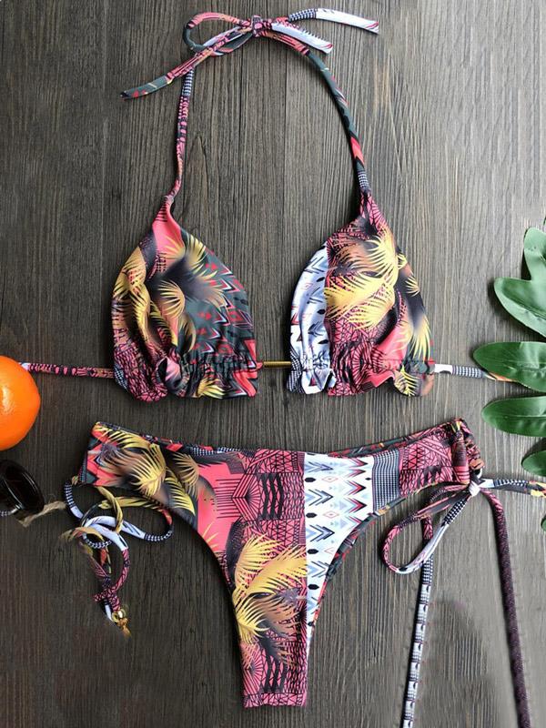 Retro Printed Bandage Split Bikini Swimsuit