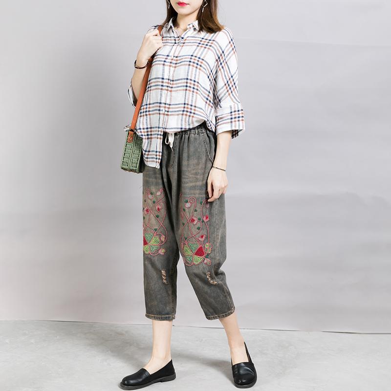 Embroidered Plant Worn Drawstring Nostalgic Jeans