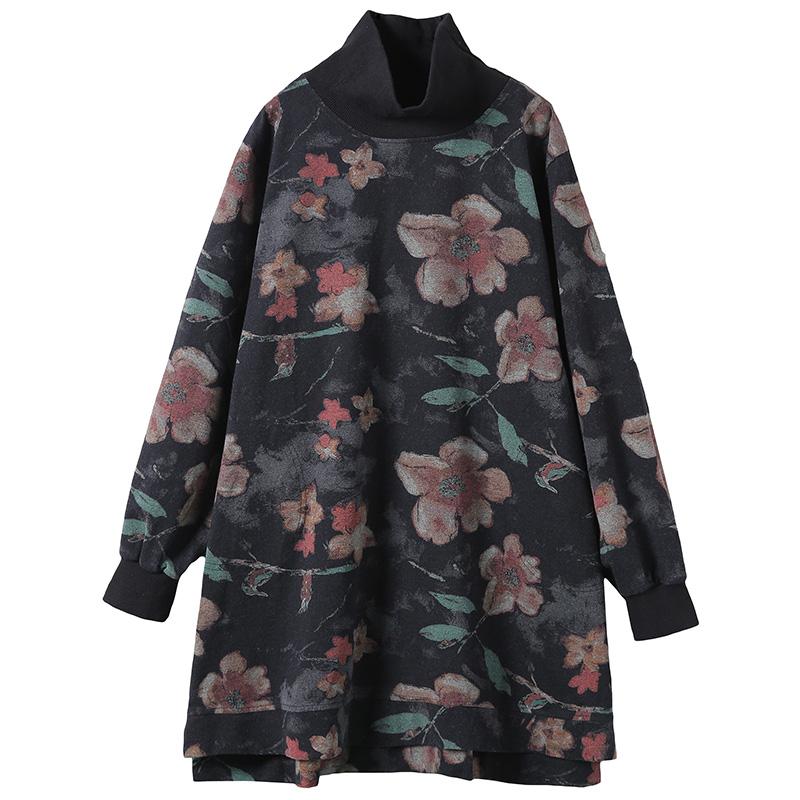 Buykud Casual Flower Print Turtleneck Pullover Sweatshirt