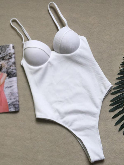 Plain Ribbed One-piece Swimwear